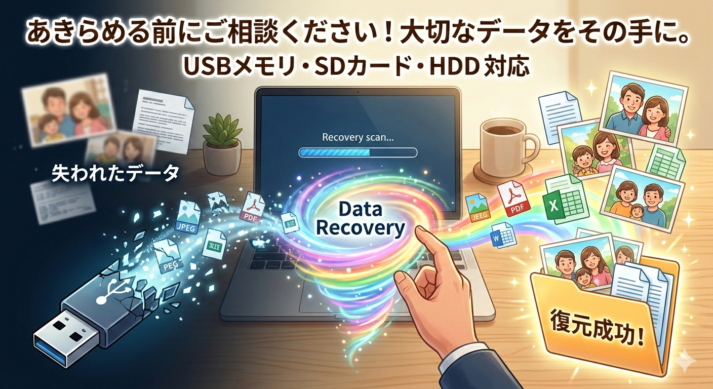 データ復元のイメージ：破損したUSBからデータが蘇る様子